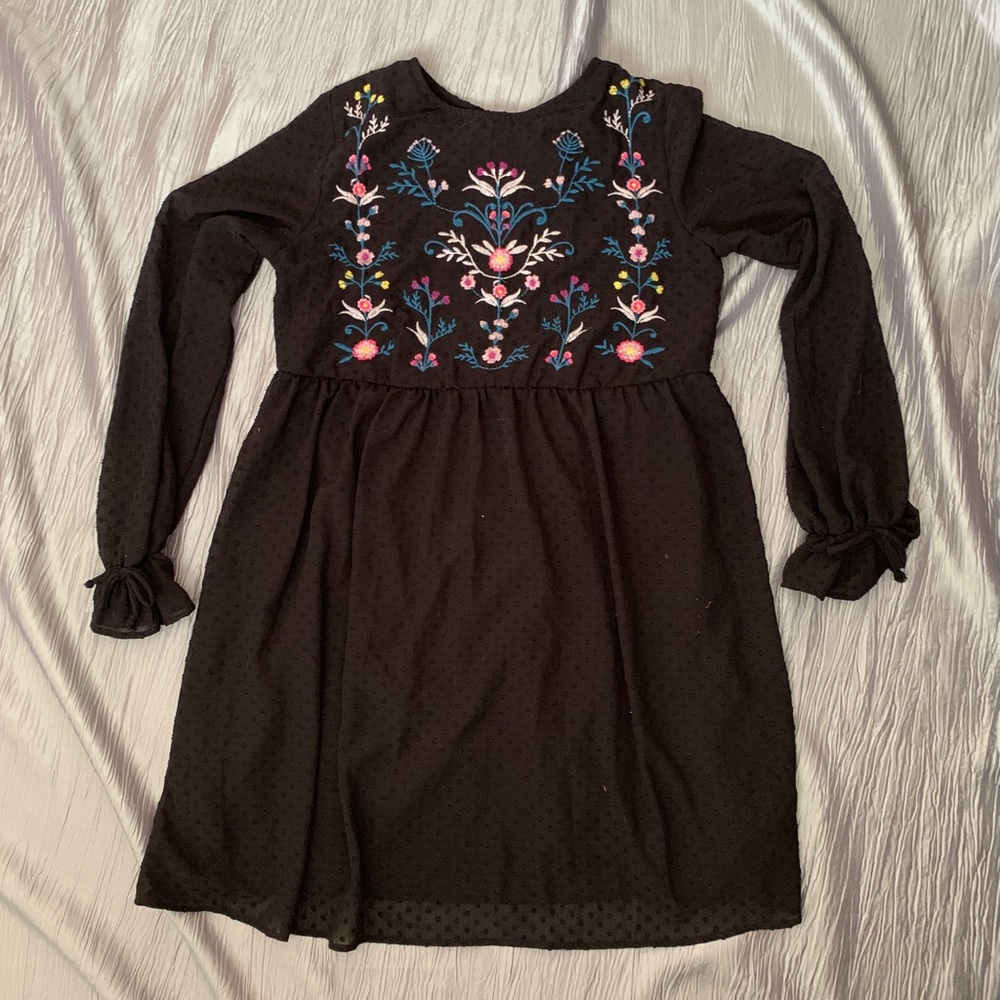 Black Embroidered Swiss Dot Smock Dress